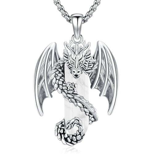 Odinstone Drachen Kette Kristall Halskette Drache Wikinger Anhänger Weißer Kristall Silber Gothic Schmuck Goth Geschenk Herren Damen Männer Frauen von Odinstone