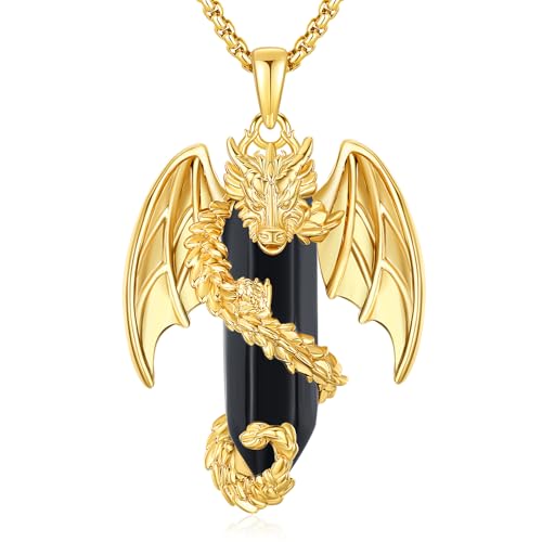 Odinstone Drachen Kette Kristall Halskette Gold Drache Wikinger Anhänger Obsidian Vergoldet Gothic Schmuck Goth Geschenk Herren Damen Männer Frauen von Odinstone