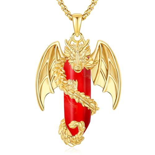 Odinstone Drachen Kette Kristall Halskette Gold Drache Wikinger Anhänger Roter Kristall Vergoldet Gothic Schmuck Goth Geschenk Herren Damen Männer Frauen von Odinstone