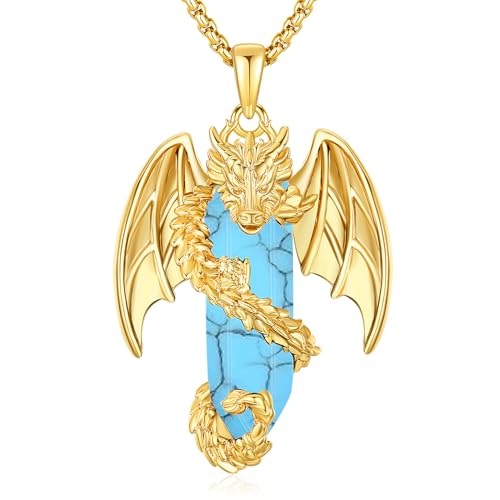 Odinstone Drachen Kette Kristall Halskette Gold Drache Wikinger Anhänger Türkis Vergoldet Gothic Schmuck Goth Geschenk Herren Damen Männer Frauen von Odinstone
