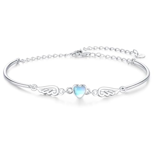 Odinstone Armband Damen 925 Sterling Silber Regenbogen Mondstein Armkette Engelsflügel Schmuck Justierbares Kettenarmband Frauen Geschenk von Odinstone