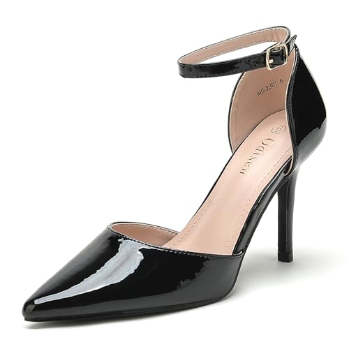 Odisen Damenschuhe, 8,9 cm, hohe Absätze, geschlossener Zehenbereich, Knöchelriemen, Brautkleid, Hochzeitskleid, Schwarz Lack, 38.5 EU von Odisen