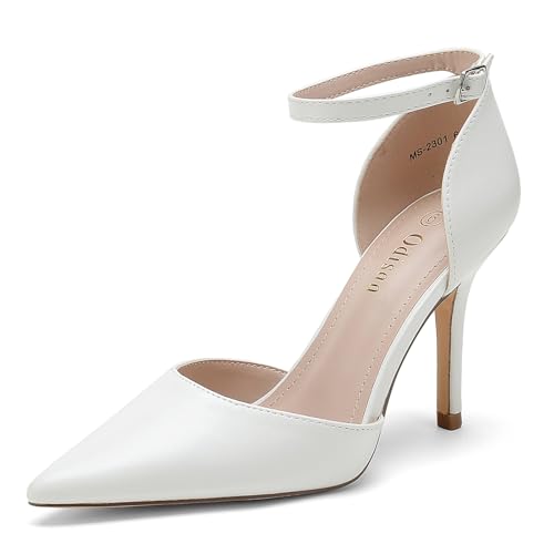 Odisen Damenschuhe, 8,9 cm, hohe Absätze, geschlossener Zehenbereich, Knöchelriemen, Brautkleid, Hochzeitskleid, Weißes Pu, 36 EU von Odisen