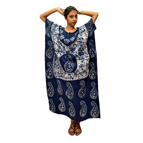 Odishabazaar Damen-Kaftan-Maxikleid aus Baumwolle, Nachtblau / Weiß, Blau, FLOOR LENGTH von Odishabazaar