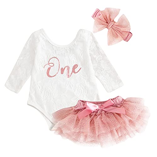 1 Geburtstag Mädchen Outfit Blumen Spitze Langarm Strampler Body+Tütü Tüllrock+Bowknot Stirnband 3tlg Bekleidungssets Erster Geburtstag Party Babykleidung Baby Fotoshooting Bohnenrosa 9-12 Monate von Odizli