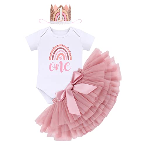 1 Geburtstag Mädchen Outfit Kurzarm Body+Bunt Tütü Prinzessin Tüllrock+Geburtstagskrone 3tlg Bekleidungssets Erster Geburtstag Party Babykleidung Baby Fotoshooting Bohnenrosa+Geburtstagshut 1 Jahr von Odizli