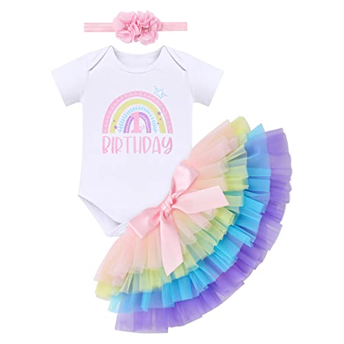 1 Geburtstag Mädchen Outfit Kurzarm Strampler+Prinzessin Bunt Tütü Tüllrock+Blume Stirnband 3tlg Bekleidungssets Erster Geburtstag Party Babykleidung Baby Fotoshooting Regenbogen+Stirnband 1 Jahr von Odizli