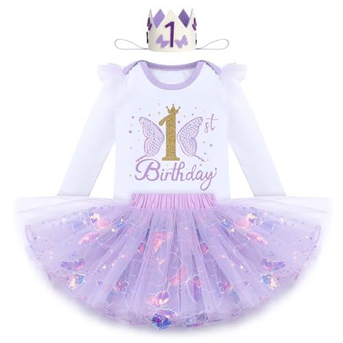 1 Geburtstag Mädchen Outfit Langarm Strampler Body+Glitzer Pailletten Schmetterling Tütü Prinzessin Tüllrock+Geburtstagskrone 3tlg Babykleidung Erster Geburtstagsdeko Baby Fotoshooting Lila-B 1 Jahr von Odizli