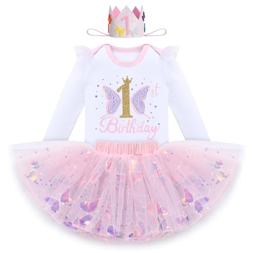 1 Geburtstag Mädchen Outfit Langarm Strampler Body+Glitzer Pailletten Schmetterling Tütü Prinzessin Tüllrock+Geburtstagskrone 3tlg Babykleidung Erster Geburtstagsdeko Baby Fotoshooting Rosa-B 1 Jahr von Odizli