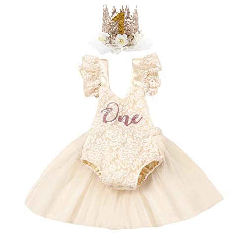 Odizli 1. Geburtstag Mädchen Outfit Kurzarm Blume Spitze One Strampler Body Prinzessin Tutu Tüllkleid + Kronen Stirnband Babykleidung Baby 1 Jahr Erster Geburtstag Sommer Kleidung Aprikose 9-12 Monate von Odizli