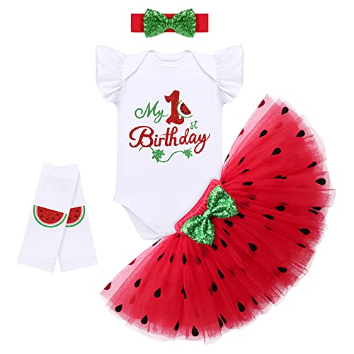 1. / 2. Geburtstag Mädchen Outfit Obst Thema Kurzarm Strampler+Prinzessin Tütü Tüllrock+Bowknot Stirnband+Beinwärmer 4tlg Bekleidungssets Babykleidung Baby Fotoshooting Rot Wassermelone-1st 1 Jahr von Odizli