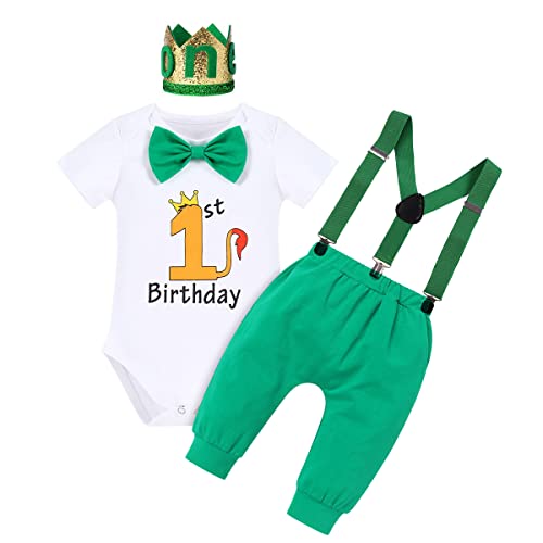 1. Geburtstag Junge Outfit Wild One Safari Body Strampler+Hosenträger+Hose+Krone Stirnband 4tlg Bekleidungssets Erster Geburtstag Babykleidung Baby Fotoshooting Taufanzug 1#Grün-Löwe 1st 12-18 Monate von Odizli