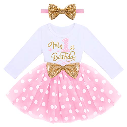 1. Geburtstag Mädchen Outfit Erster Geburtstag Cake Smash Party Baby Fotoshooting Langarm Prinzessin Tütü Tüllkleid+Pailletten Stirnband 2tlg Bekleidungssets Babykleidung Rosa Polka Dot-1st 1 Jahr von Odizli