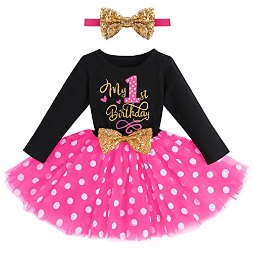 1. Geburtstag Mädchen Outfit Erster Geburtstag Smash Party Baby Fotoshooting Langarm Minnie Prinzessin Tütü Tüllkleid+Pailletten Stirnband 2tlg Bekleidungssets Babykleidung Schwarz+Rose-1st 1 Jahr von Odizli