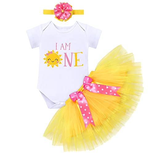 1. Geburtstag Mädchen Outfit Sonne Thema Kurzarm Strampler Body+Tüllrock Tütü+Blume Stirnband 3tlg Babykleidung Erster Geburtstag Party Prinzessin Kleid Baby Fotoshooting Gelb-I AM ONE 1 Jahr von Odizli