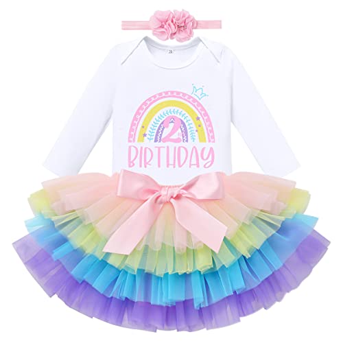 2 Geburtstag Mädchen Outfit Body+Bunt Tütü Prinzessin Tüllrock+Geburtstagskrone 3tlg Bekleidungssets Geburtstag Deko Party Babykleidung Baby Fotoshooting 2Regenbogen+Stirnband Langarm 2 Jahre von Odizli