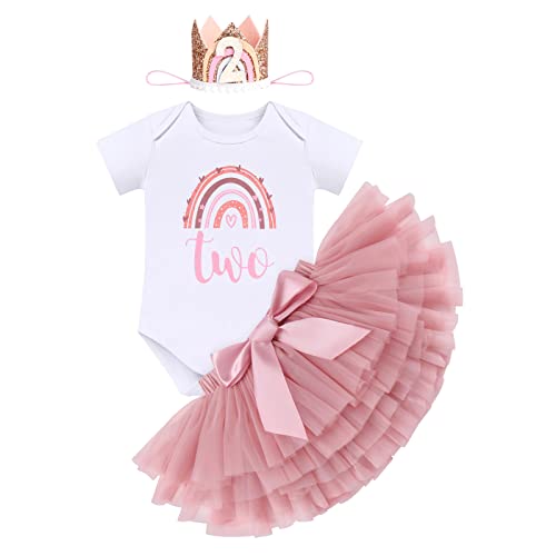 2 Geburtstag Mädchen Outfit Kurzarm Body+Bunt Tütü Prinzessin Tüllrock+Geburtstagskrone 3tlg Bekleidungssets Geburtstag Deko Party Babykleidung Baby Fotoshooting 2Bohnenrosa+Geburtstagshut 2 Jahre von Odizli