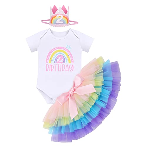 2 Geburtstag Mädchen Outfit Kurzarm Body+Bunt Tütü Prinzessin Tüllrock+Geburtstagskrone 3tlg Bekleidungssets Geburtstag Deko Party Babykleidung Baby Fotoshooting 2Regenbogen+Geburtstagshut 2 Jahre von Odizli