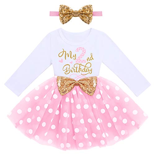 2. Geburtstag Mädchen Outfit Cake Smash Party Baby Fotoshooting Langarm Minnie Prinzessin Tütü Tüllkleid+Pailletten Stirnband 2tlg Bekleidungssets Babykleidung Rosa Polka Dot-2nd 2 Jahre von Odizli