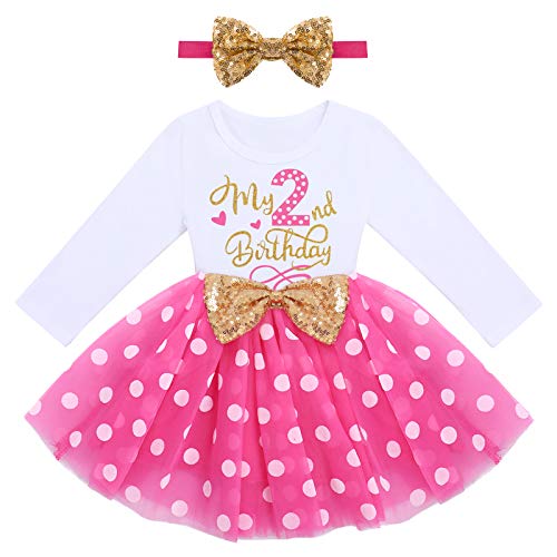 2. Geburtstag Mädchen Outfit Cake Smash Party Baby Fotoshooting Langarm Prinzessin Tütü Tüllkleid+Pailletten Stirnband 2tlg Bekleidungssets Babykleidung Rosenrot Polka Dot-2nd 2 Jahre von Odizli