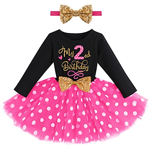 2. Geburtstag Mädchen Outfit Cake Smash Party Baby Fotoshooting Langarm Minnie Prinzessin Tütü Tüllkleid+Pailletten Stirnband 2tlg Bekleidungssets Babykleidung Schwarz+Rose-2nd 2 Jahre von Odizli