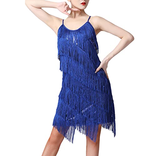 20er Jahre Kleid Frauen Damen Vintage Retro Flapper Gatsby Glitzer Pailletten Fransenkleid 1920er Hochzeit Party Charleston Kostüm Spaghettiträger Sexy Minikleid Kurz Latein Tanzkleid Königsblau XL von Odizli