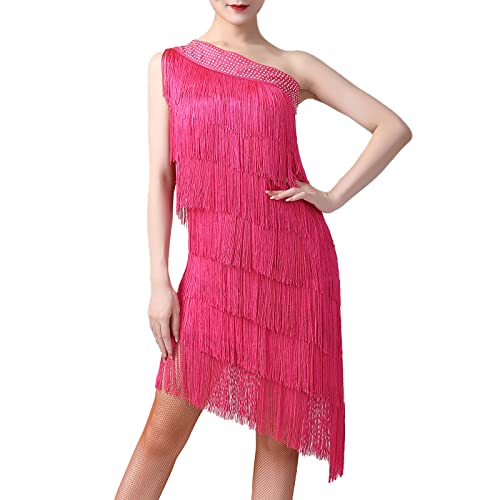 20er Jahre Kleid Frauen Damen Vintage Retro Flapper Great Gatsby Glitzer Fransenkleid 1920er Hochzeit Charleston Kostüm One Shoulder Sexy Minikleid Kurz Salsa Latein Tanzkleid Rosarot Einheitsgröße von Odizli