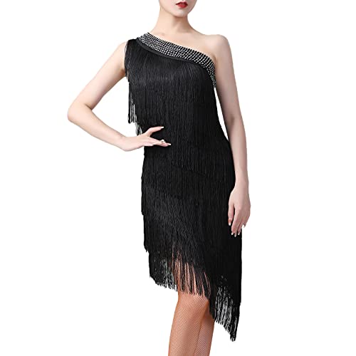 20er Jahre Kleid Frauen Damen Vintage Retro Flapper Great Gatsby Glitzer Fransenkleid 1920er Hochzeit Charleston Kostüm One Shoulder Sexy Minikleid Kurz Salsa Latein Tanzkleid Schwarz Einheitsgröße von Odizli