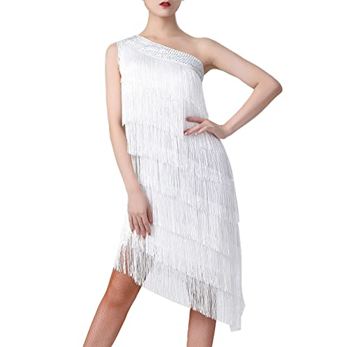 20er Jahre Kleid Frauen Damen Vintage Retro Flapper Great Gatsby Glitzer Fransenkleid 1920er Hochzeit Charleston Kostüm One Shoulder Sexy Minikleid Kurz Salsa Latein Tanzkleid Weiß Einheitsgröße von Odizli