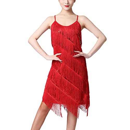 20er Jahre Kleid Frauen Damen Vintage Retro Flapper Great Gatsby Glitzer Pailletten Fransenkleid 1920er Hochzeit Party Charleston Kostüm Spaghettiträger Sexy Minikleid Kurz Latein Tanzkleid Rot L von Odizli