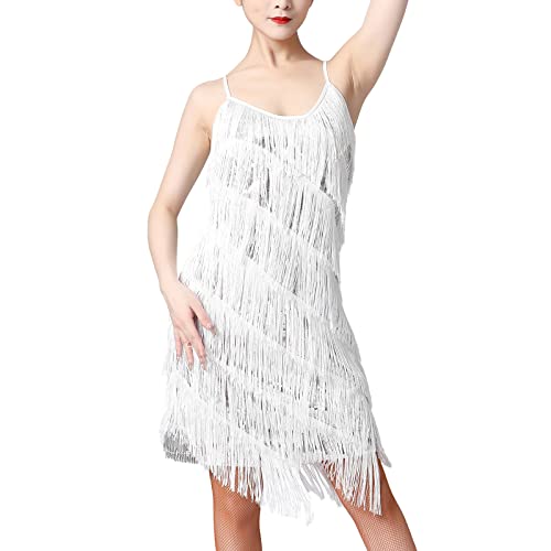 20er Jahre Kleid Frauen Damen Vintage Retro Flapper Great Gatsby Glitzer Pailletten Fransenkleid 1920er Hochzeit Party Charleston Kostüm Spaghettiträger Sexy Minikleid Kurz Latein Tanzkleid Silber L von Odizli