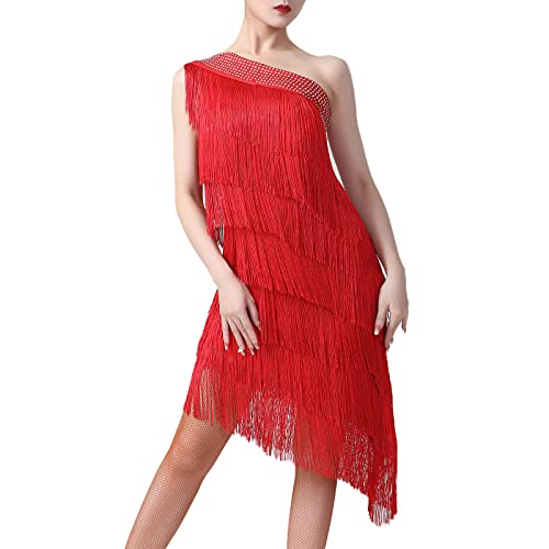 20er Jahre Kleid Frauen Damen Vintage Retro Great Gatsby Flapper Glitzer Fransenkleid 1920er Hochzeit Charleston Kostüm One Shoulder Sexy Minikleid Kurz Salsa Latein Tanzkleid Rot Einheitsgröße von Odizli