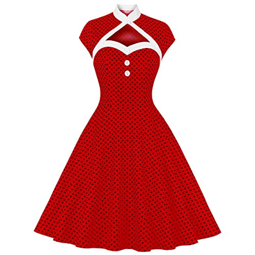 50er Jahre Kleider Damen Rockabilly Vintage 60er Retro Audrey Hepburn Sexy Hollow Out Polka Dot A Line Swing Petticoat Kleid Knielang Coctailkleid Hochzeitsgast Kurz Abendkleid Sommerkleid Rot M von Odizli