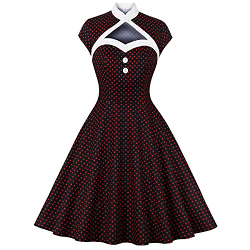 50er Jahre Kleider Damen Rockabilly Vintage 60er Retro Audrey Hepburn Sexy Hollow Out Polka Dot A Line Swing Petticoat Kleid Knielang Coctailkleid Hochzeitsgast Kurz Abendkleid Sommerkleid Schwarz XXL von Odizli