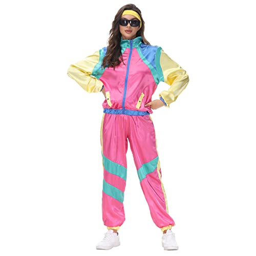 80er Jahre Outfit Damen 70er 90er Trainingsanzug Langarm Jacke und Hose Anzug Zeitreise Schlagermove Kleidung New Kids Kostüm Hippie Festival Rave Halloween Karneval Party Faschingskostüme Rosa XL von Odizli
