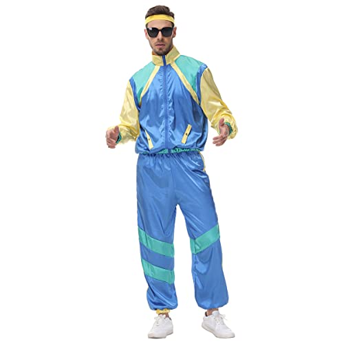 80er Jahre Outfit Herren 70er 90er Trainingsanzug Langarm Jacke und Hose Anzug Zeitreise Schlagermove Kleidung New Kids Kostüm Hippie Festival Rave Halloween Karneval Party Faschingskostüme Blau M von Odizli