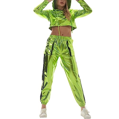 90er Jahre Outfit Damen Mottoparty 80er Jogginganzug Damen Set Glitzer Metallic Langarm Kapuzen Crop Top+Cargohose Jogginghose 2tlg Trainingsanzug Gym Freizeitanzug New Kids Kostüm Grün-A M von Odizli