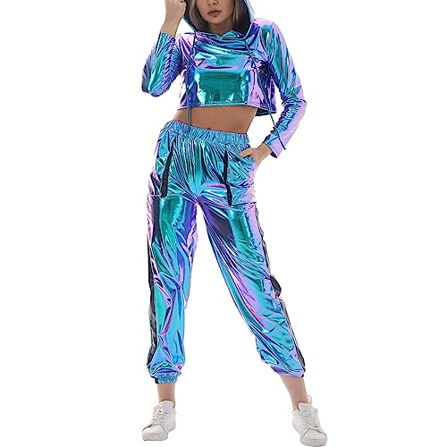 90er Jahre Outfit Damen Mottoparty 80er Jogginganzug Damen Set Glitzer Metallic Langarm Kapuzen Crop Top+Cargohose Jogginghose 2tlg Trainingsanzug Gym Freizeitanzug New Kids Kostüm Laser Blau-A L von Odizli