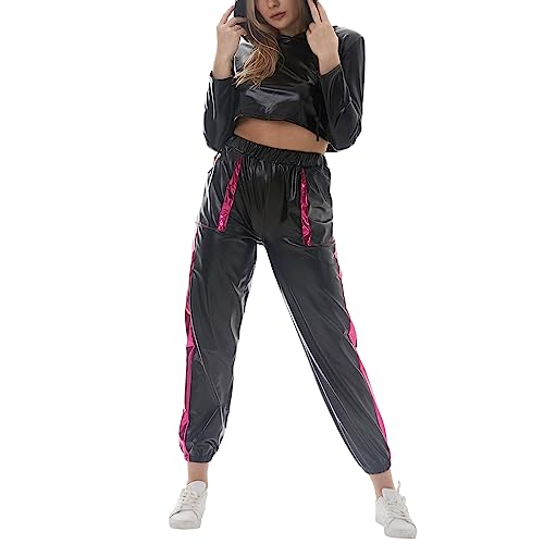 90er Jahre Outfit Damen Mottoparty 80er Jogginganzug Damen Set Glitzer Metallic Langarm Kapuzen Crop Top+Cargohose Jogginghose 2tlg Trainingsanzug Gym Freizeitanzug New Kids Kostüm Schwarz XL von Odizli