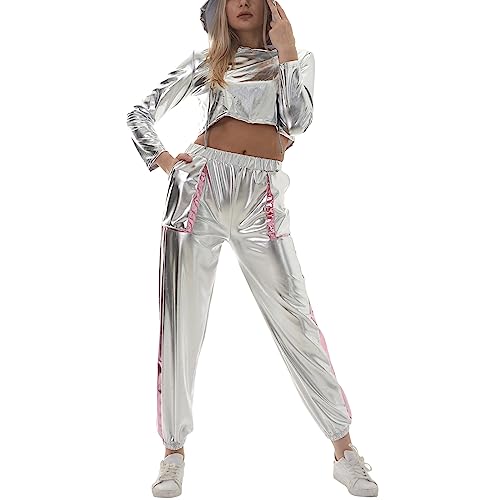 90er Jahre Outfit Damen Mottoparty 80er Jogginganzug Damen Set Glitzer Metallic Langarm Kapuzen Crop Top+Cargohose Jogginghose 2tlg Trainingsanzug Gym Freizeitanzug New Kids Kostüm Silber-A M von Odizli