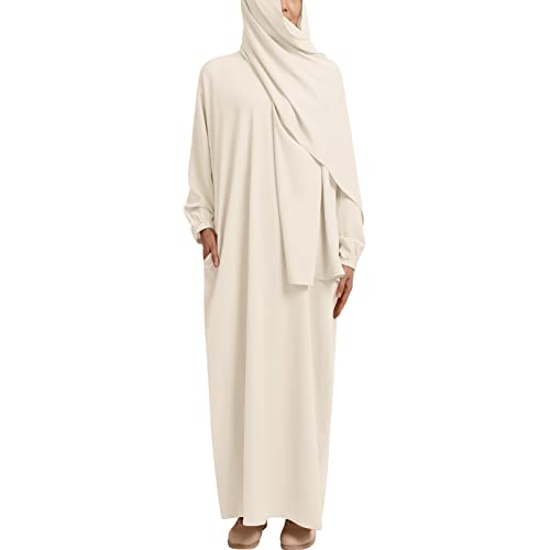 Abaya Muslim Damen Gebetskleidung für Frauen Islam Muslimische Kleider Langarm Namaz Elbisesi Arabisch Türkische Robe Jilbab Khimar Kaftan Ramadan Burka Ganzkörper Lang Gebetskleid Hijab Beige M (1) von Odizli