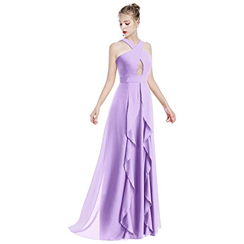 Abendkleid Lang Elegant für Hochzeit Sexy Neckholder Rückenfrei Rüschen Tüllkleid Hochzeit Gast Wickelkleid Brautjungfernkleider Abschlusskleid Ballkleid Jugendweihe Kleider Abiballkleider Violett L von Odizli