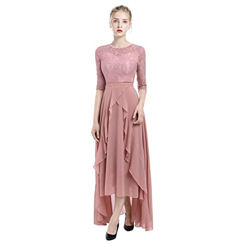 Abendkleider Elegant für Hochzeit Damen 3/4 Ärmel Spitze Chiffonkleid Lang Ballkleider Brautjungfernkleider Hochzeitskleid Festliche Hochzeit Gast Hochzeitsgast Abschlusskleid Vokuhila Kleid Rosa XXL von Odizli