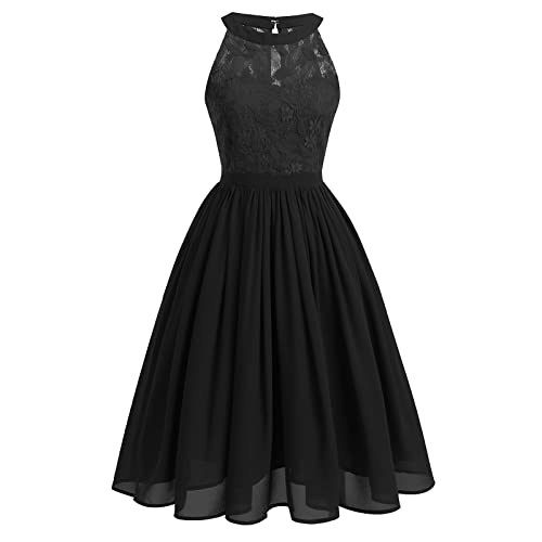 Abendkleider Elegant für Hochzeit Damen 50er Jahre Rockabilly Neckholder Swing Spitze Chiffonkleid Festlich Abschlusskleid Brautkleid Cocktailkleid Weihnachten Silvester Kurz Partykleid Schwarz L von Odizli