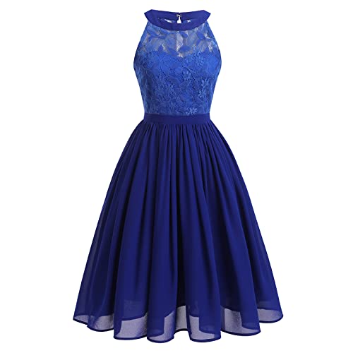 Abendkleider Elegant für Hochzeit Damen 50er Jahre Rockabilly Neckholder Swing Spitze Chiffonkleid Festlich Brautkleid Cocktailkleid Weihnachten Silvester Kurz Abschlusskleid Königsblau M von Odizli