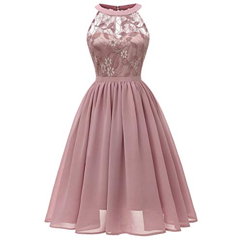 Abendkleider Elegant für Hochzeit Damen 50er Jahre Rockabilly Neckholder Swing Spitzen Chiffon Kleid Festlich Abschlusskleid Brautkleid Cocktailkleid Weihnachten Silvester Kurz Partykleid Rosa S von Odizli