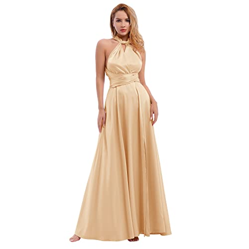 Abendkleider Elegant für Hochzeit Damen Lang Wickelkleid Sexy Rückenfrei Infinity Multiway Satin Kleid mit Schlitz Brautjungfernkleider Festlich Hochzeitsgäste Maxikleid Ballkleid Champagner M von Odizli