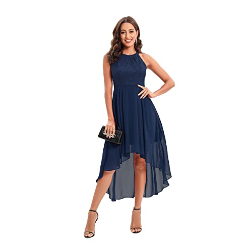 Odizli Abendkleider Elegant für Hochzeit Damen Rockabilly Sommerkleid Neckholder Spitze Swing Chiffonkleid Festlich Hochzeit Gast Abschlusskleid Cocktailkleid Kurz Vokuhila Kleid A#Navy Blau S von Odizli