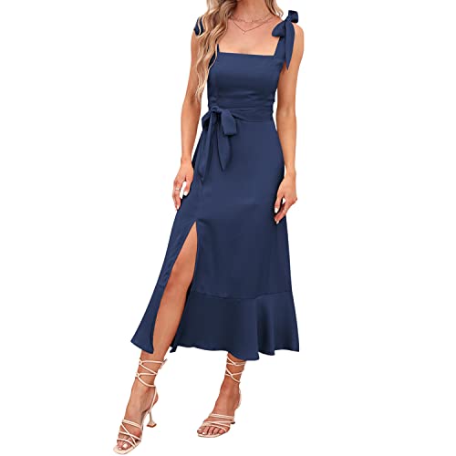 Abendkleider Elegant für Hochzeit Damen Sexy Spaghetti Kleid mit Schlitz Sommerkleid Hochzeitsgäste Festliche Hochzeitskleid Cocktailkleid Partykleid Abschlusskleid Lang Ballkleider Marineblau M von Odizli