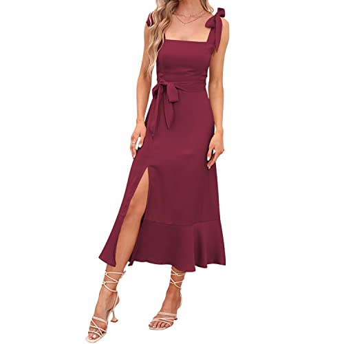 Abendkleider Elegant für Hochzeit Damen Sommer Sexy Spaghetti Kleid mit Schlitz Sommerkleid Hochzeitsgäste Festliche Hochzeitskleid Cocktailkleid Partykleid Abschlusskleid Lang Ballkleider Burgund XL von Odizli